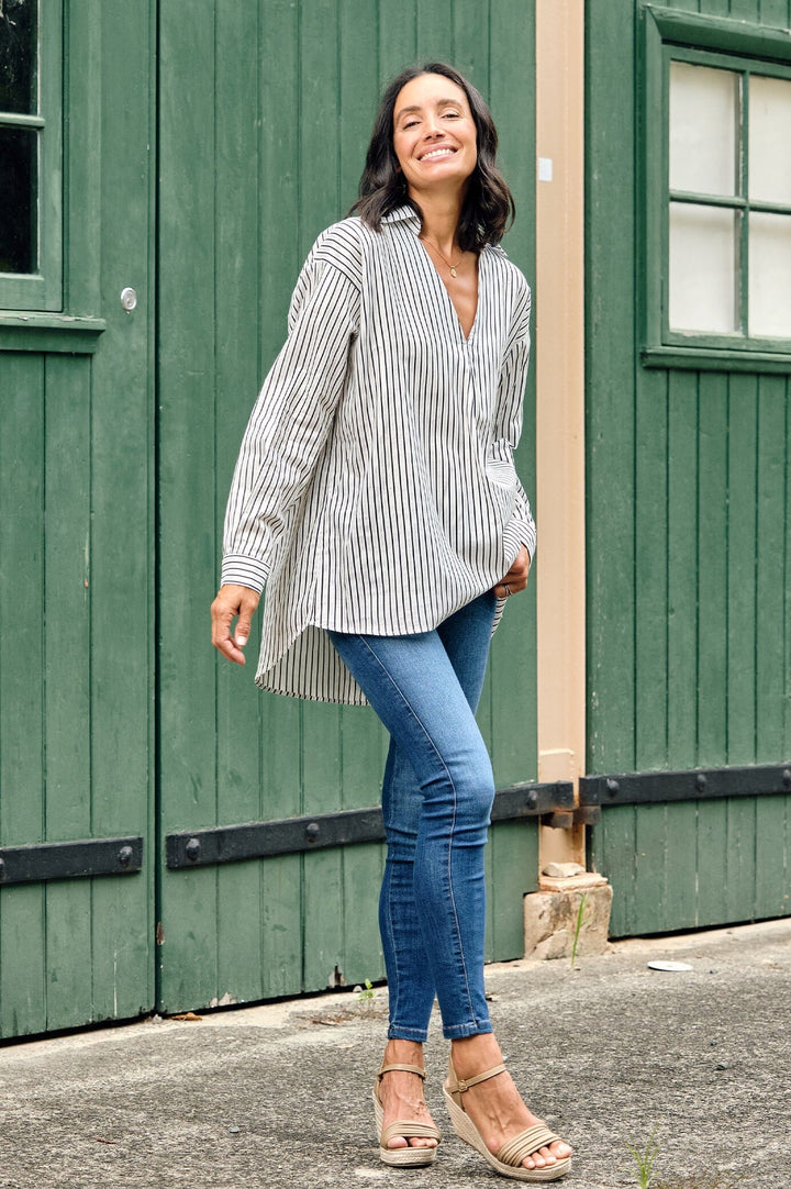 Lynette Collared Long Sleeve Shirt Striped Navy with Lurex Tops