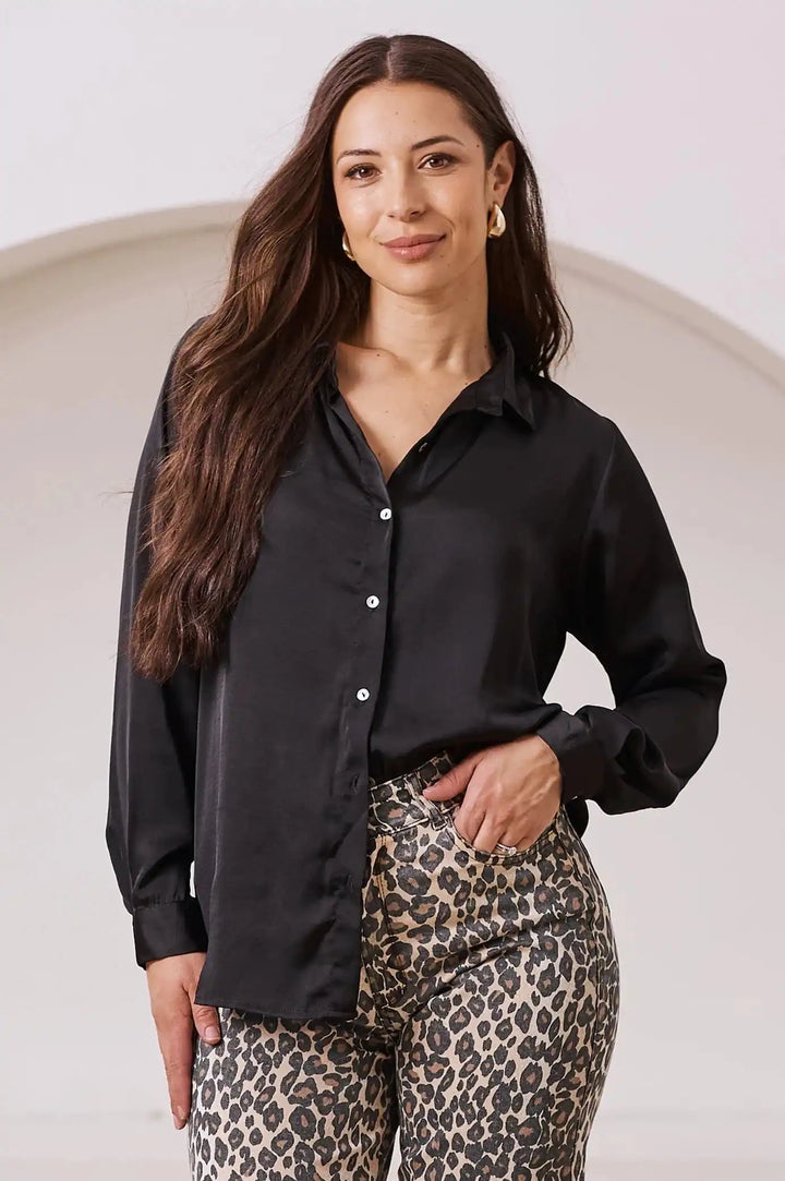 Briella Long Sleeve Collared Shirt Black Tops