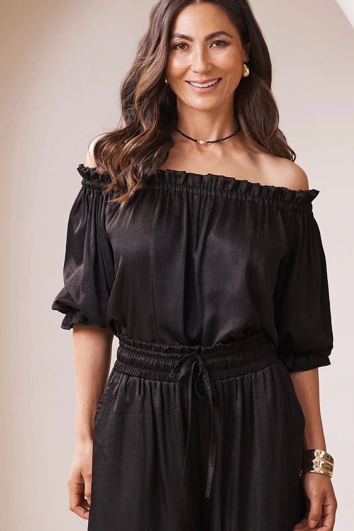 Vittoria Frill Trim Off Shoulder Long Sleeve Top Black Tops