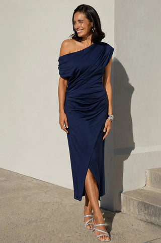 Roslyn Off Shoulder Midi Dress Navy Dress