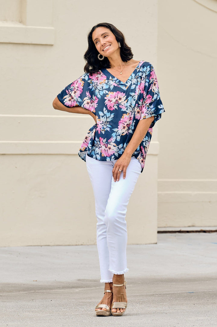 Bianca Short Sleeve Top Bella Print with V Neck Navy Tops