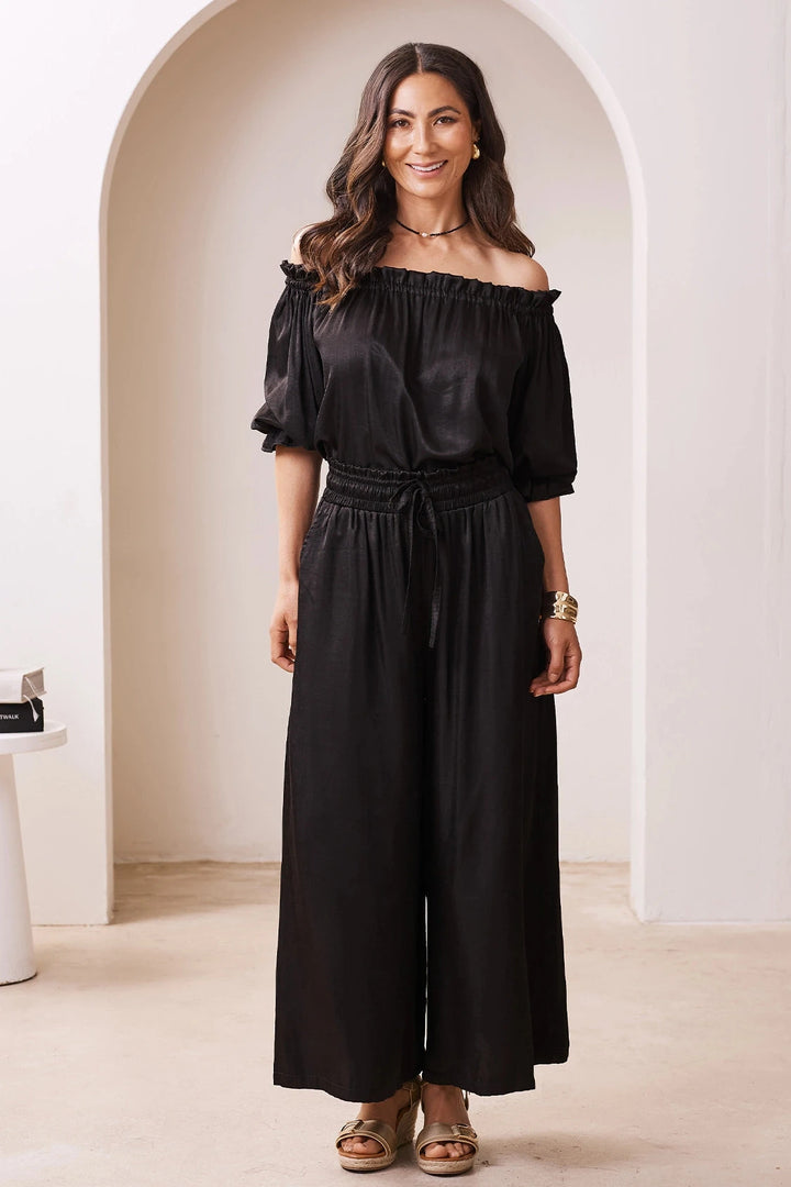 Vittoria Smocked Waist Wide Leg Pants Black Pants