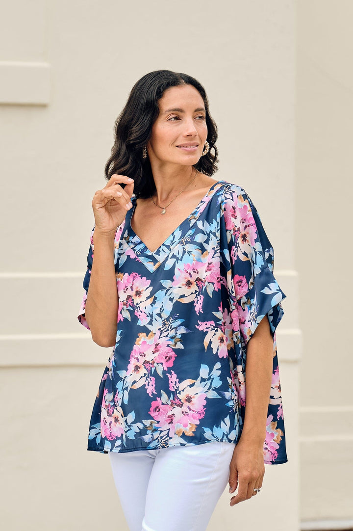 Bianca Short Sleeve Top Bella Print with V Neck Navy Tops