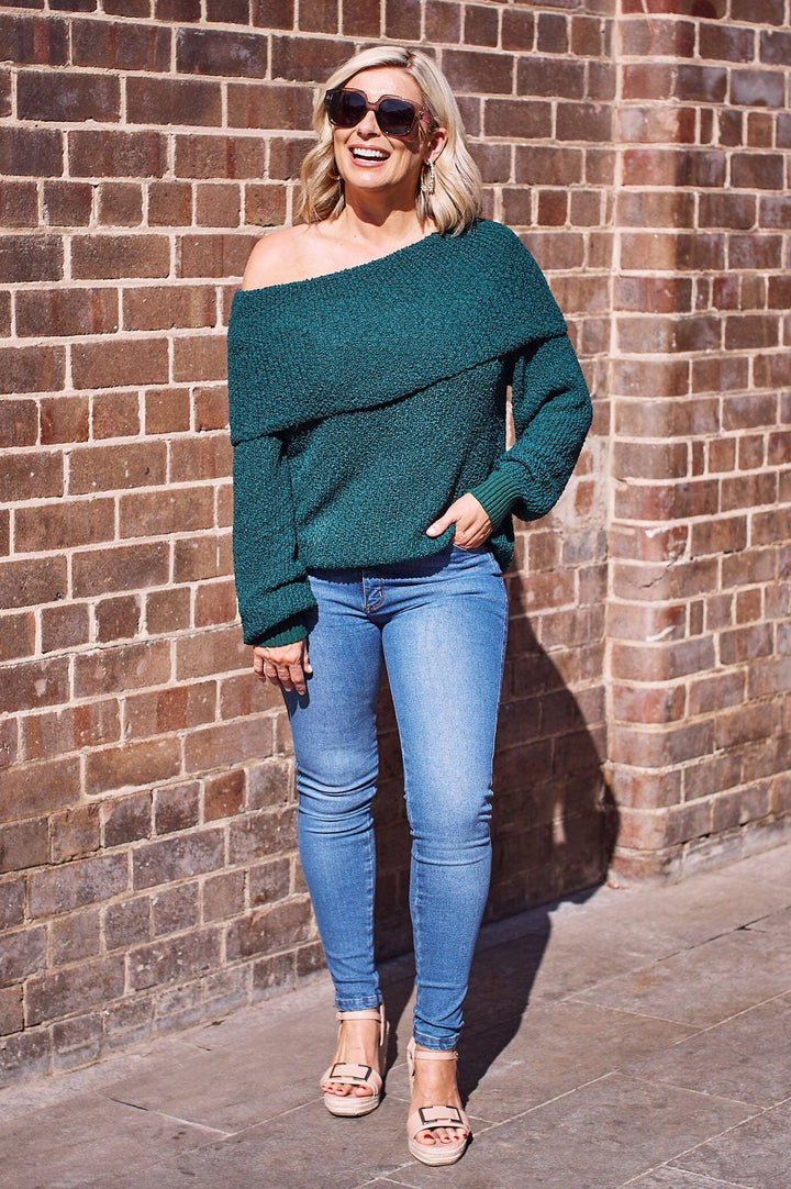 Eira Off Shoulder Knit Forest Green Knitwear