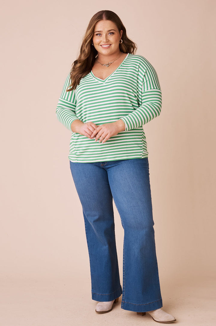 Erica Essential Long Sleeve Top Striped Emerald Tops