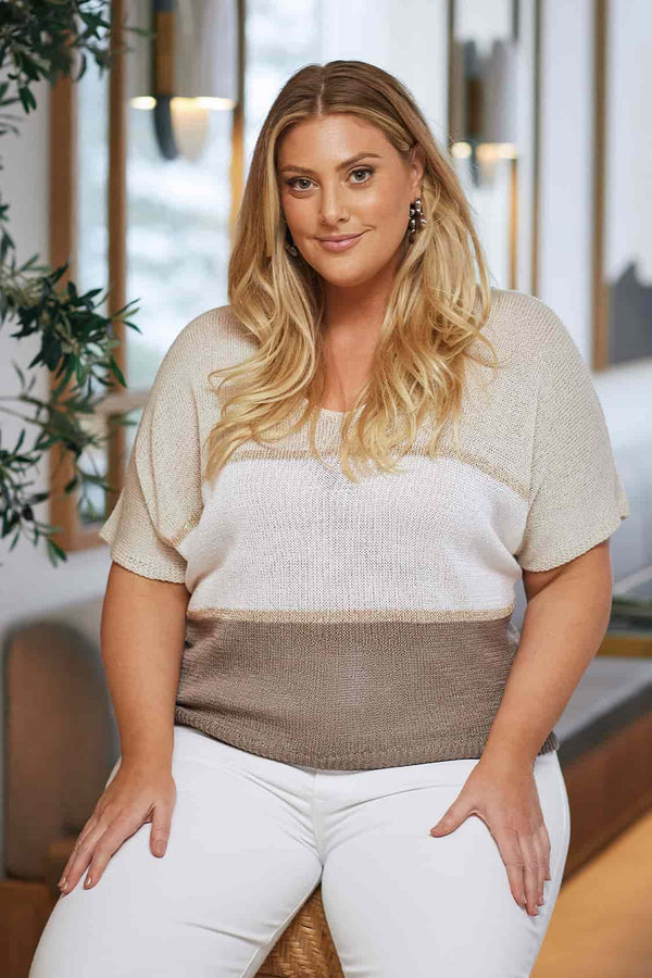 Tamia Knitted V-Neck Short Sleeve Top Beige Tops