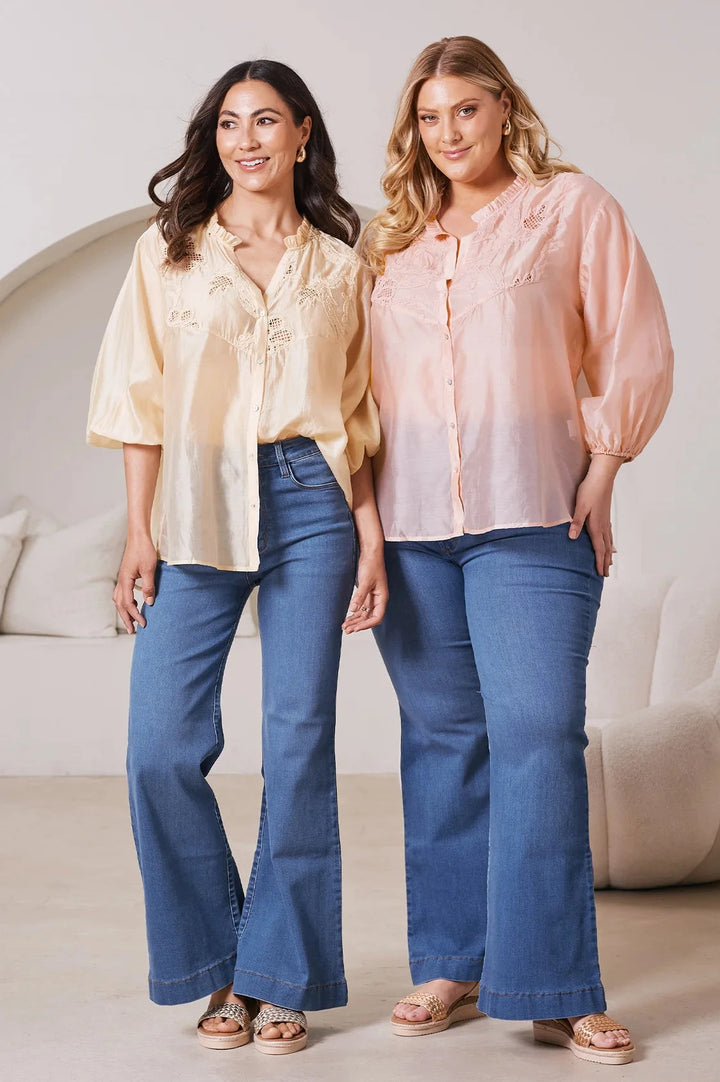 Aria Embroidered 3/4 Sleeve Top Powder Pink Tops