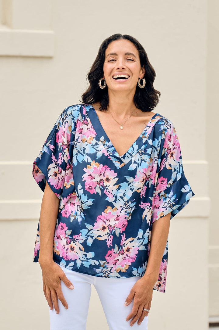 Bianca Short Sleeve Top Bella Print with V Neck Navy Tops