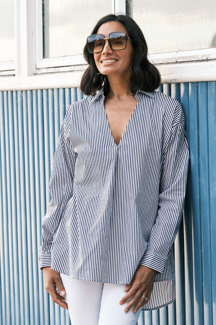 Lynette Collared Long Sleeve Shirt Striped Navy Tops