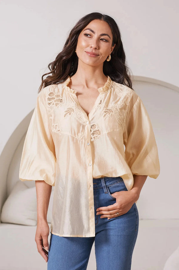 Aria Embroidered 3/4 Sleeve Top Butter Yellow Tops