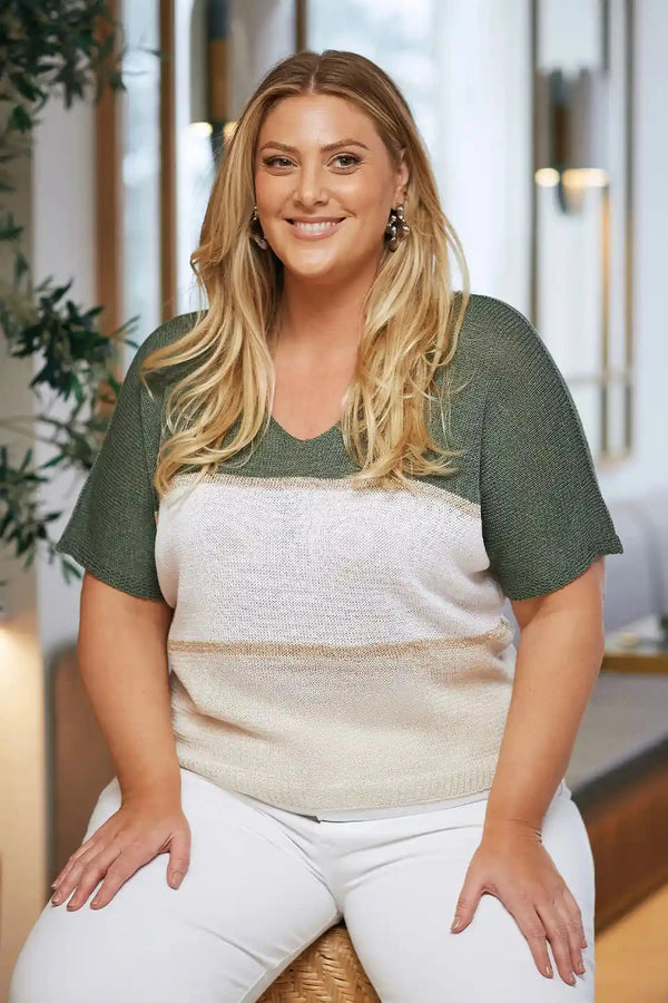 Tamia Knitted V-Neck Short Sleeve Top Olive Tops