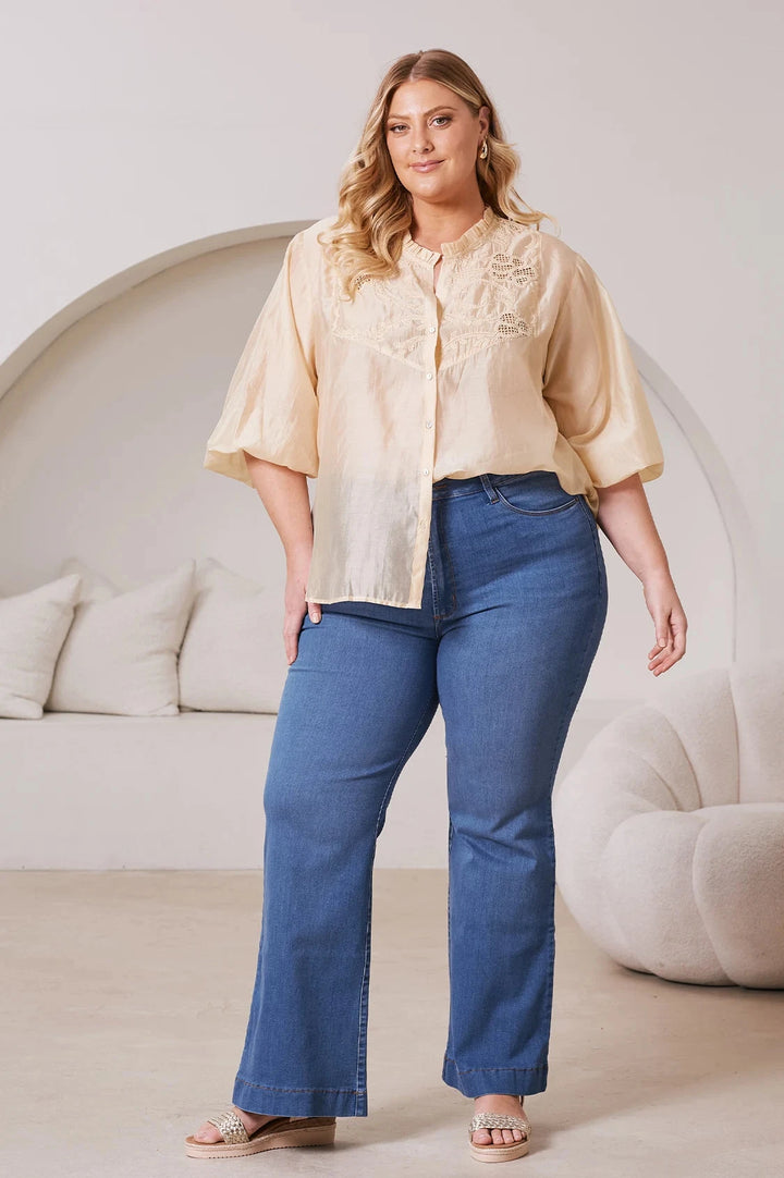 Aria Embroidered 3/4 Sleeve Top Butter Yellow Tops