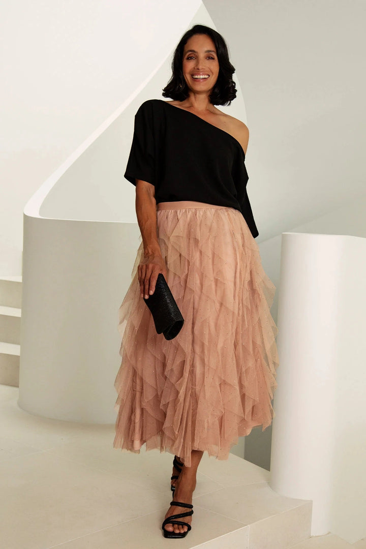 Isabella Asymmetrical Ruffle Tulle Maxi Skirt Champagne Skirt