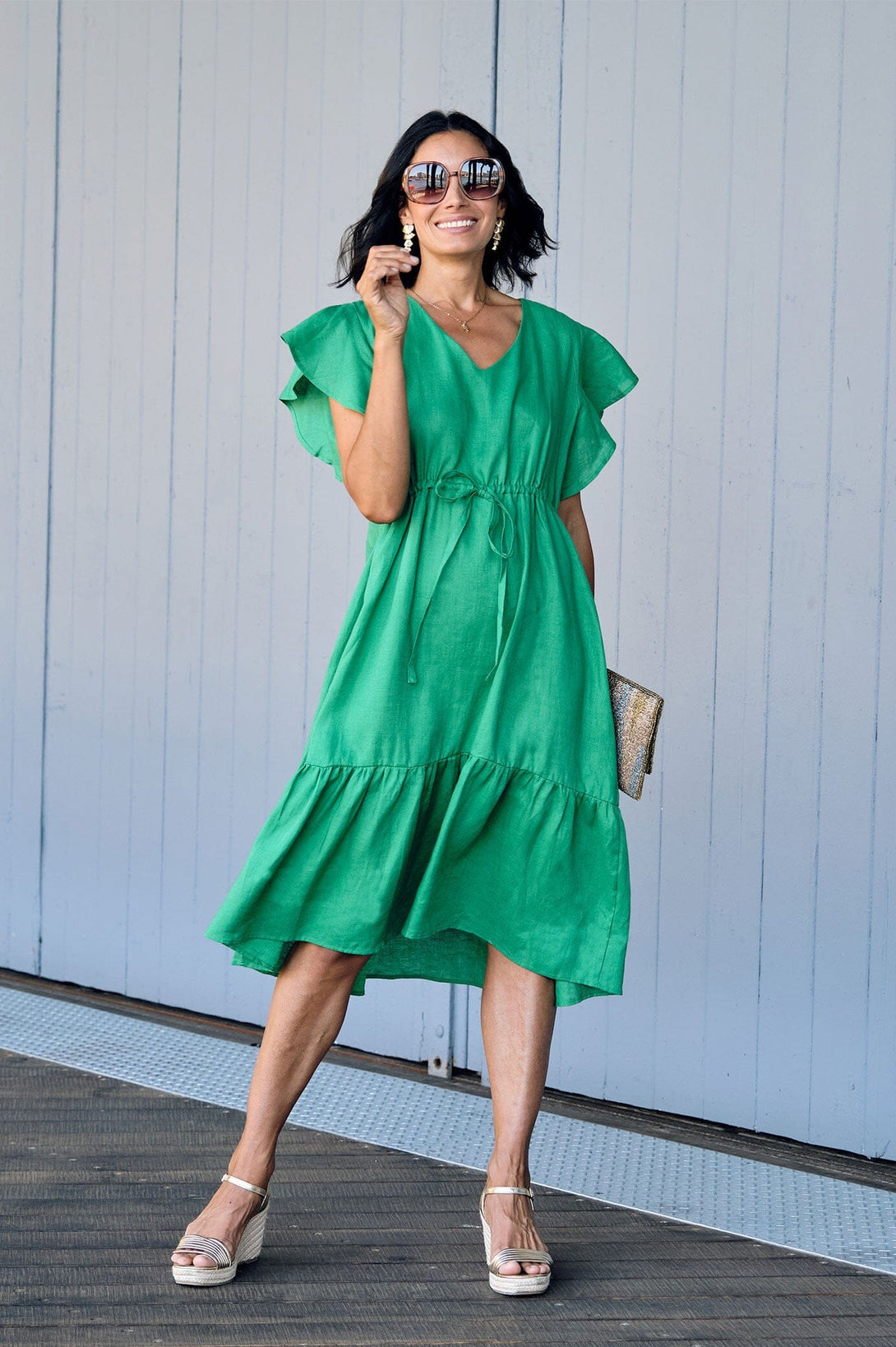 Penny Linen Short Sleeve Dress Emerald Dress