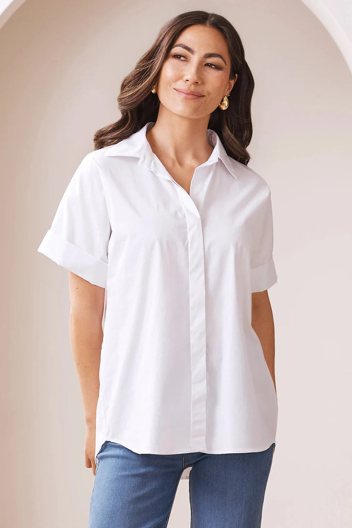 Tia Short Sleeve Cotton Top in White Tops