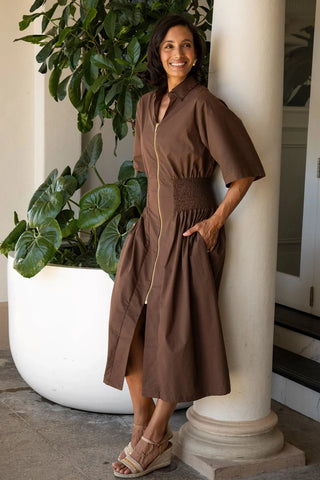 Laura Short Sleeve Smocked Waist Zip Front Midi Dress Brown Dress