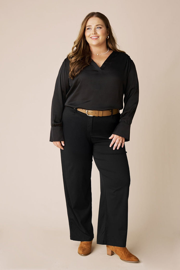Daniella V-Neck Long Sleeve Top Black Tops