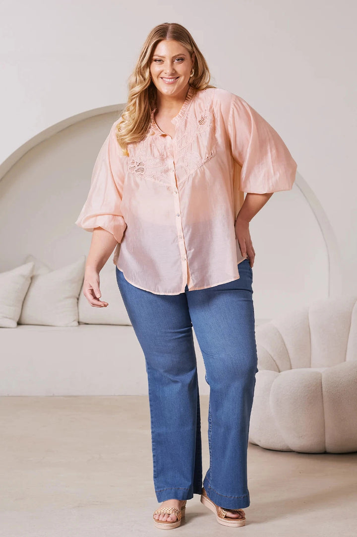 Aria Embroidered 3/4 Sleeve Top Powder Pink Tops