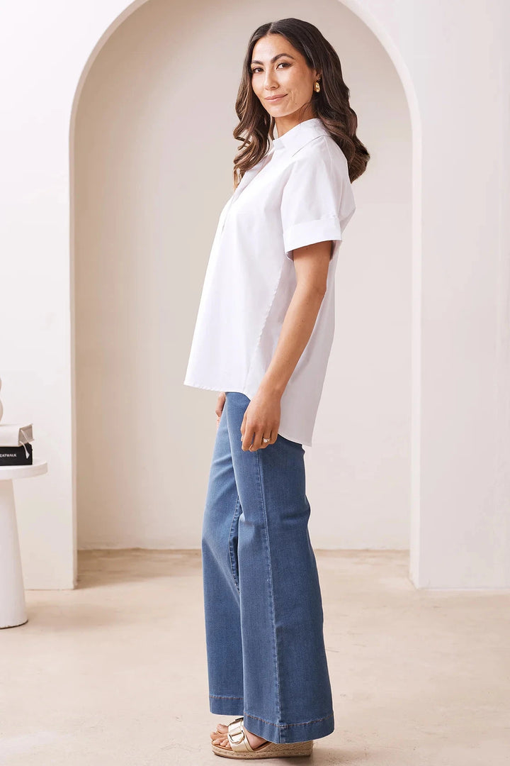 Tia Short Sleeve Cotton Top in White Tops