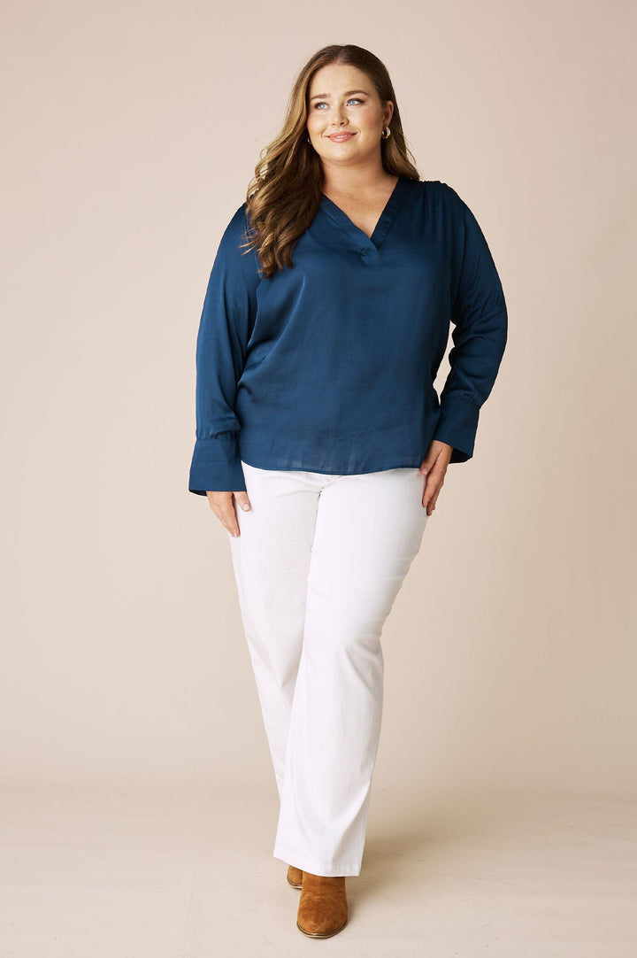 Daniella V-Neck Long Sleeve Top Navy Tops
