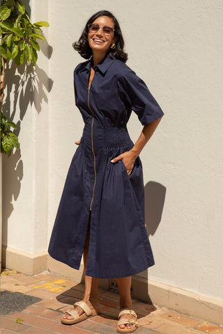 Laura Short Sleeve Smocked Waist Zip Front Midi Dress Navy Dress