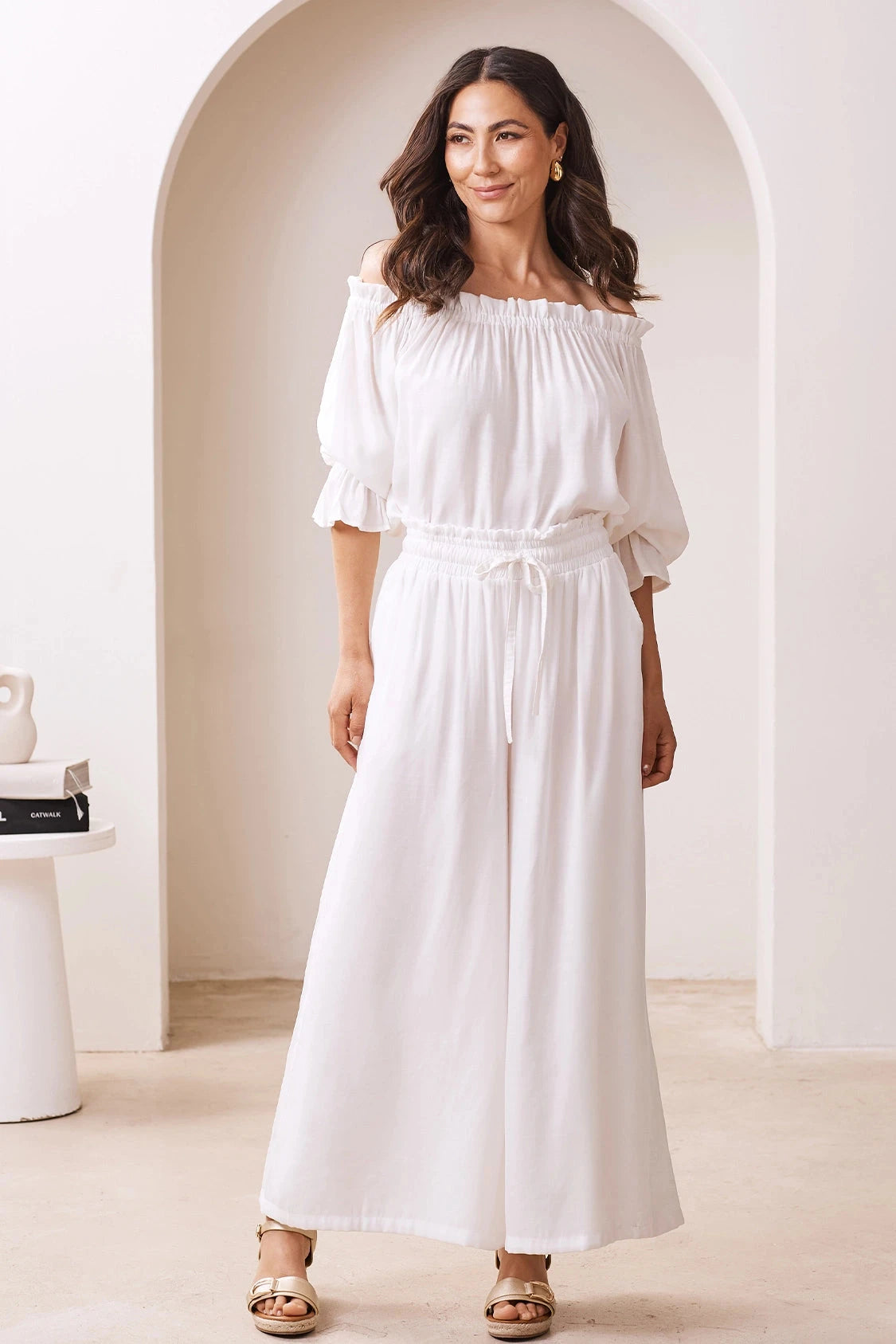 Vittoria Smocked Waist Wide Leg Pants Ivory Pants