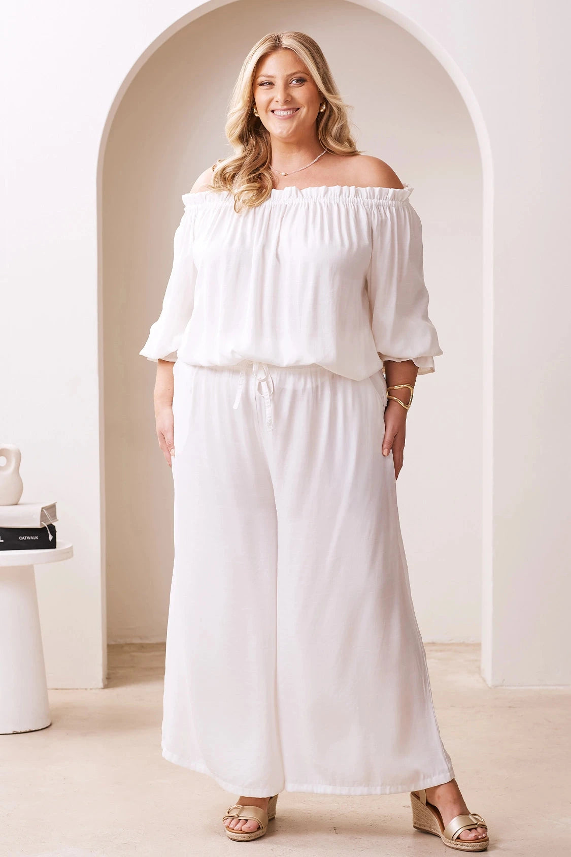 Vittoria Smocked Waist Wide Leg Pants Ivory Pants