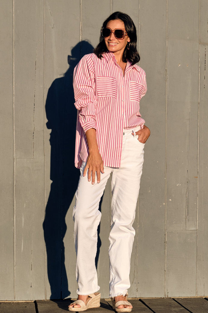 Gina Long Sleeve Collared Shirt Striped Pink Tops