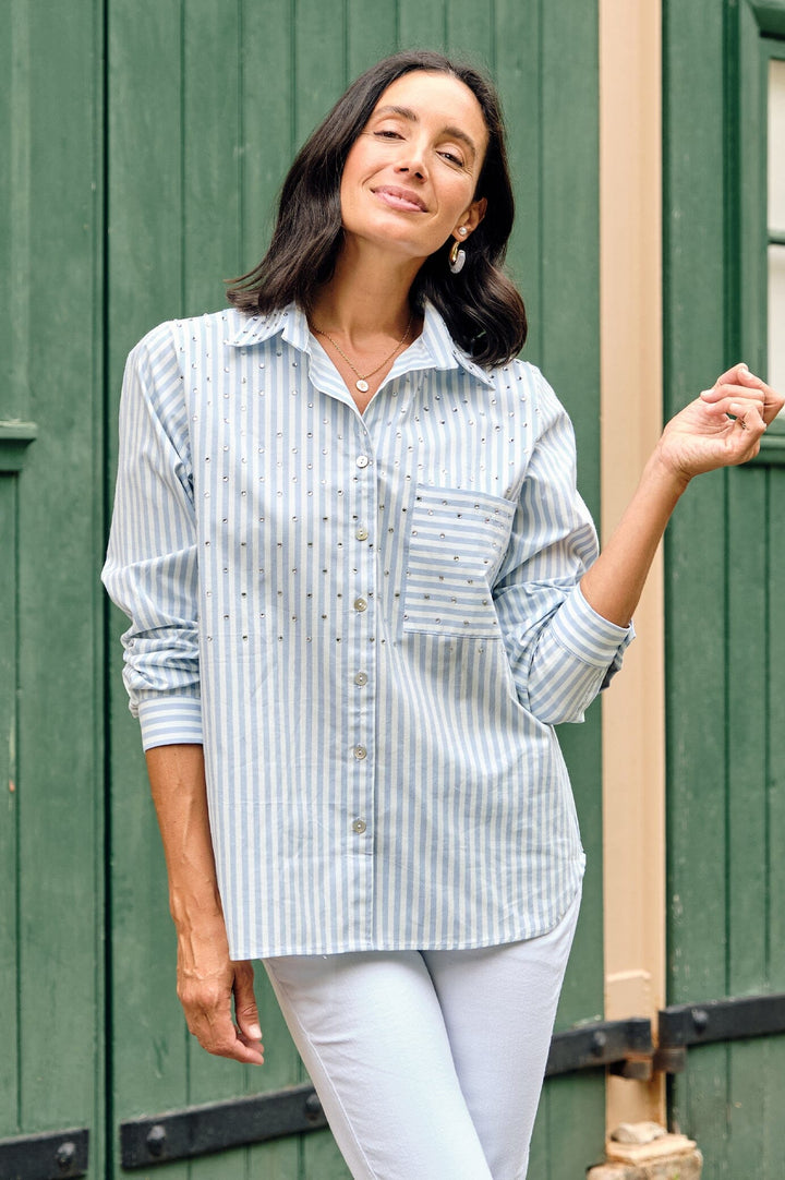 Renata Blue Striped Collared Shirt Tops