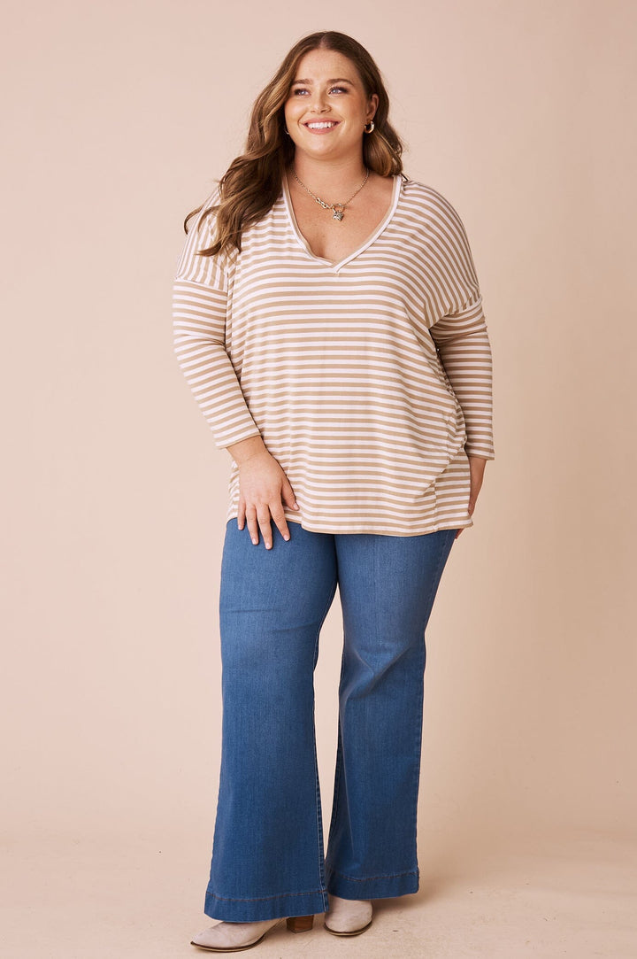 Erica Essential Long Sleeve Top Striped Camel Tops