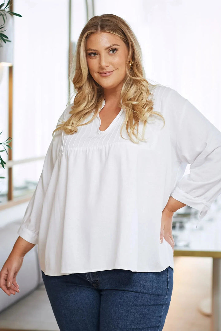 Alessia V Neck Mid Sleeve Top in White Tops