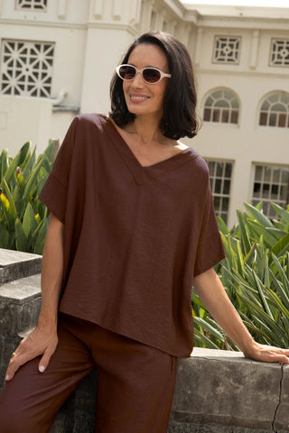 Gemma Short Sleeve V Neck Top Mocha Tops