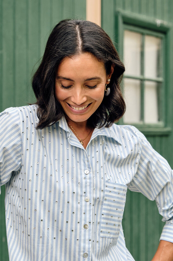 Renata Blue Striped Collared Shirt Tops