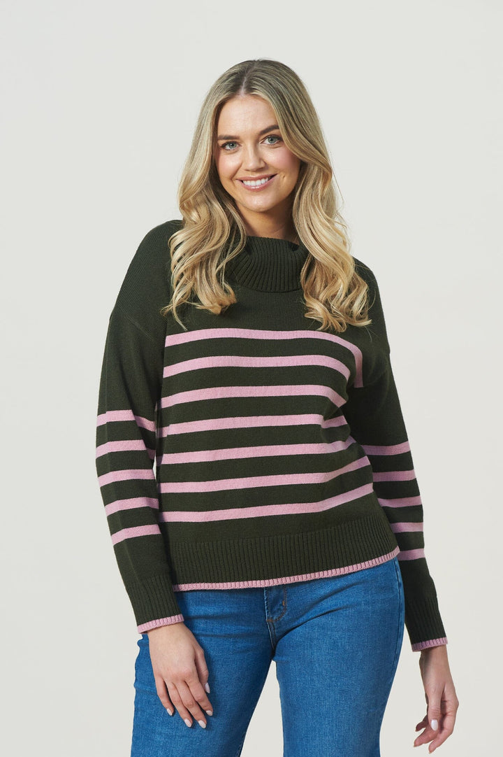 Tamara Striped Jumper Forest Green & Blush Knitwear