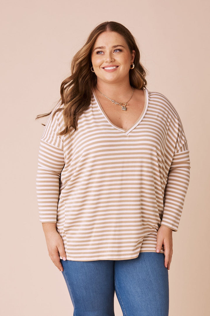 Erica Essential Long Sleeve Top Striped Camel Tops