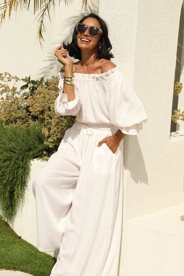 Vittoria Frill Trim Off Shoulder Long Sleeve Top Ivory Tops