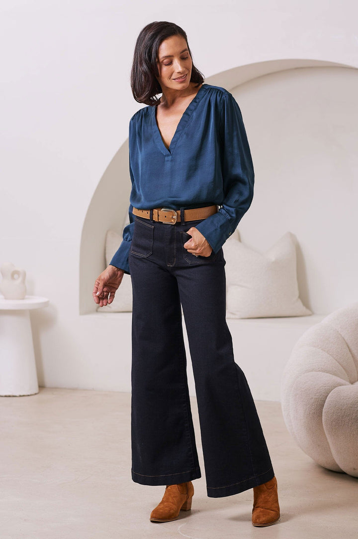 Daniella V-Neck Long Sleeve Top Navy Tops