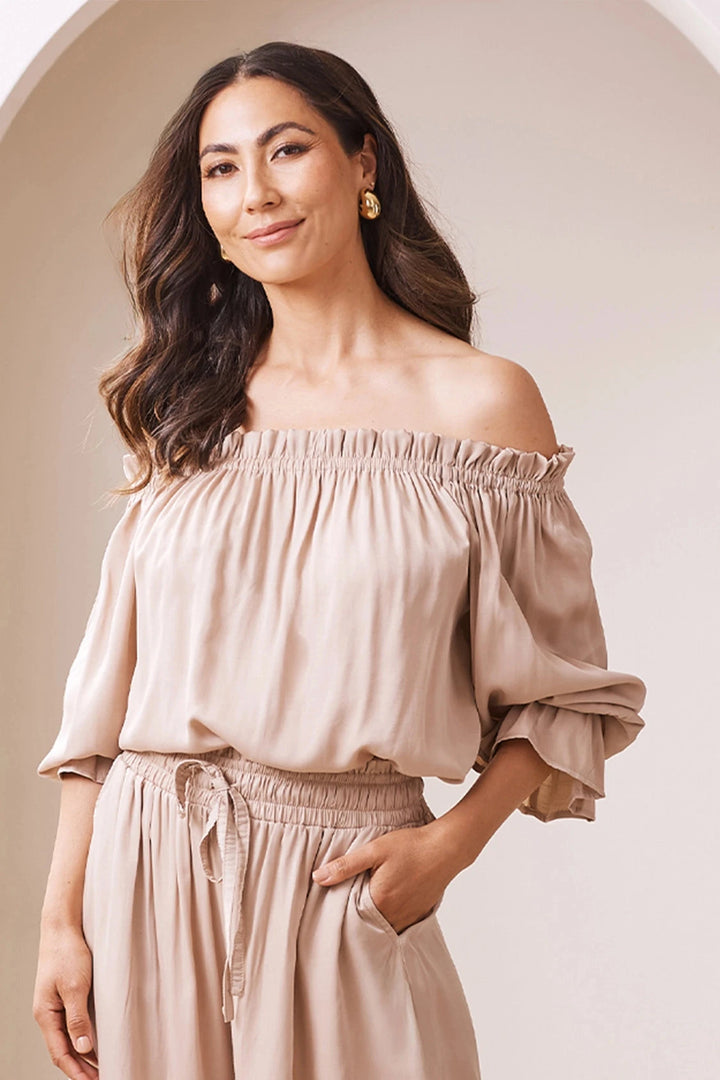 Vittoria Frill Trim Off Shoulder Long Sleeve Top Taupe Tops