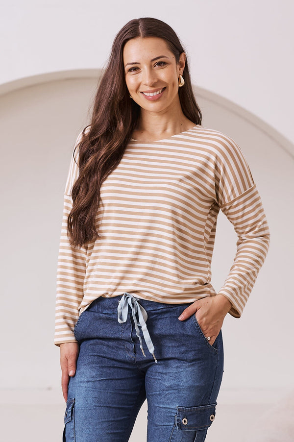 Erica Essential Top Round Neck Striped Camel Tops