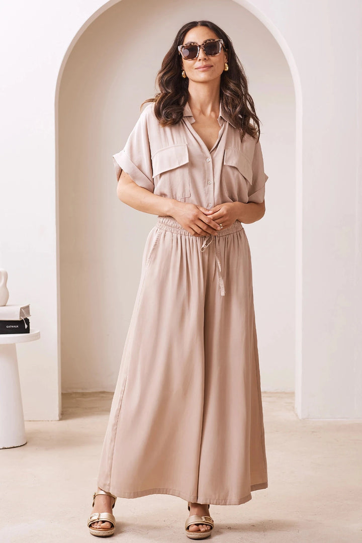 Vittoria Smocked Waist Wide Leg Pants Taupe Pants