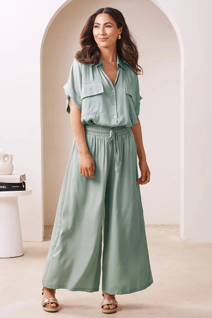 Vittoria Smocked Waist Wide Leg Pants Teal-Pre Order Pants