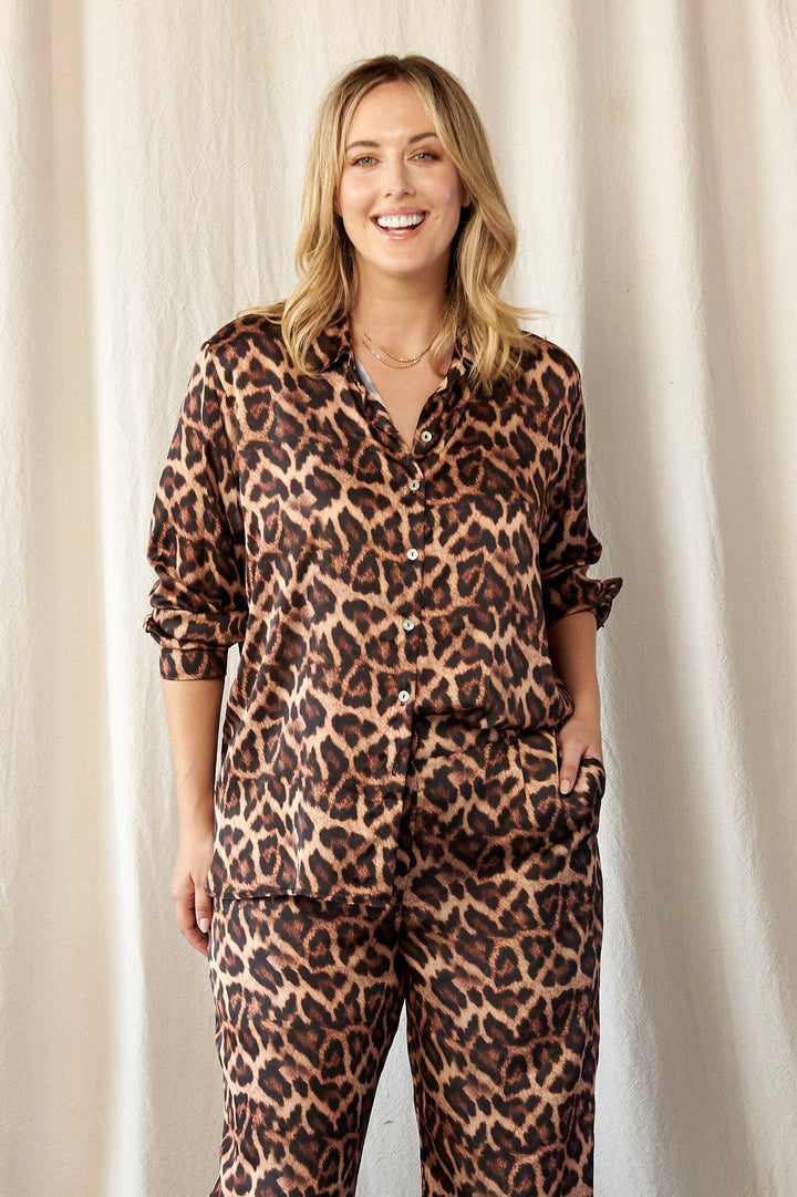 Anika Animal Print Long Sleeve Collared Shirt Tops