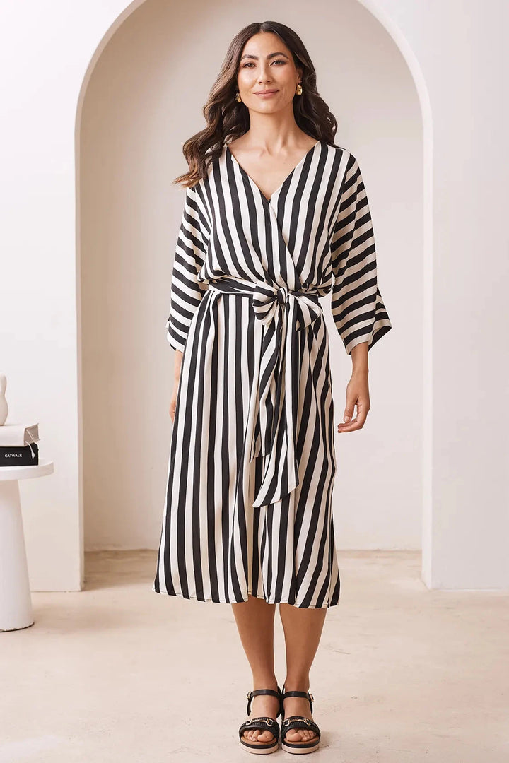 Francesca Striped Midi Dress Black and Ivory Dress