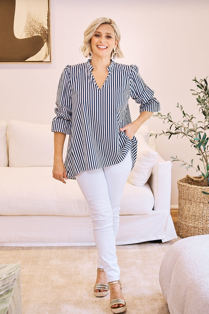 Alessandra Short Sleeve Striped Top Navy Tops