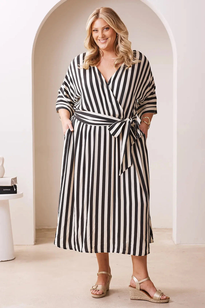 Francesca Striped Midi Dress Black and Ivory Dress