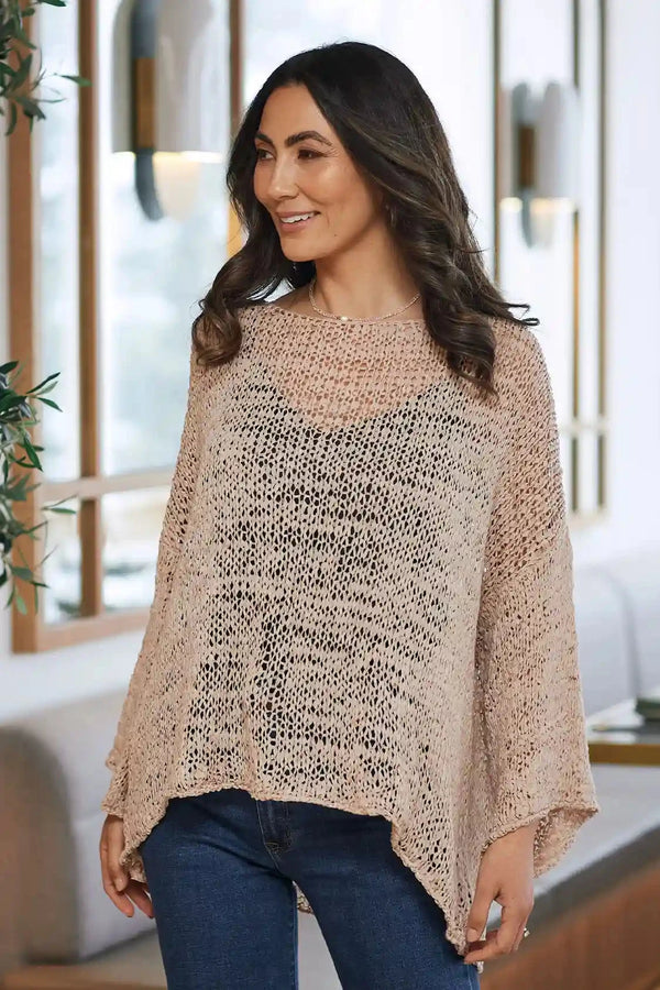 Salina Round Neck Long Sleeve Top Beige Tops