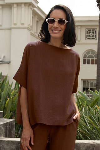 Gemma Short Sleeve Round Neck Top Mocha Tops