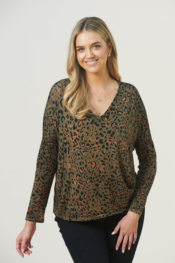 Rana Animal Print Jumper Olive Knitwear