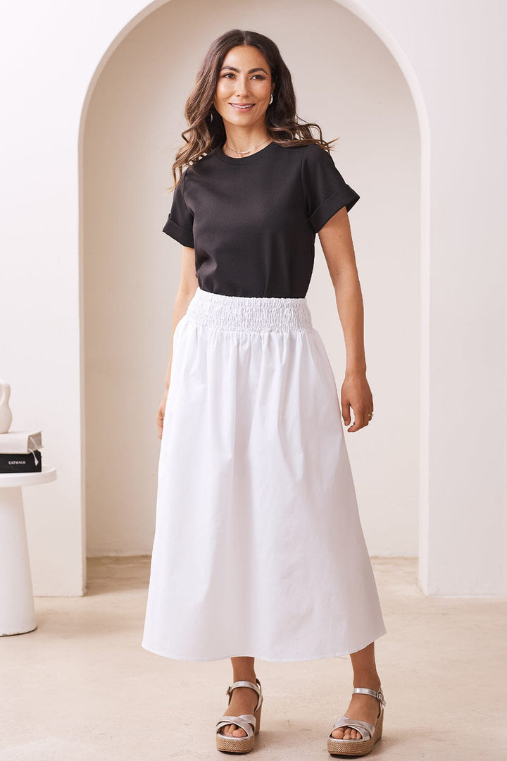 Brooke Smocked Waist Midi A-Line Skirt White Skirt