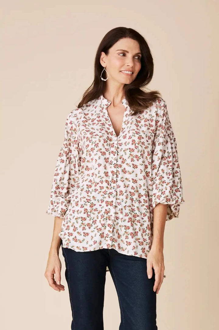 Valletta Floral Long Sleeve Top White Tops